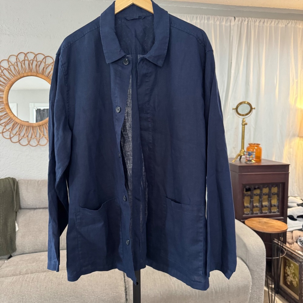Quince Mens 100% Linen Chore Jacket XXL Navy Blue Button Front Pockets - Picture 2 of 9